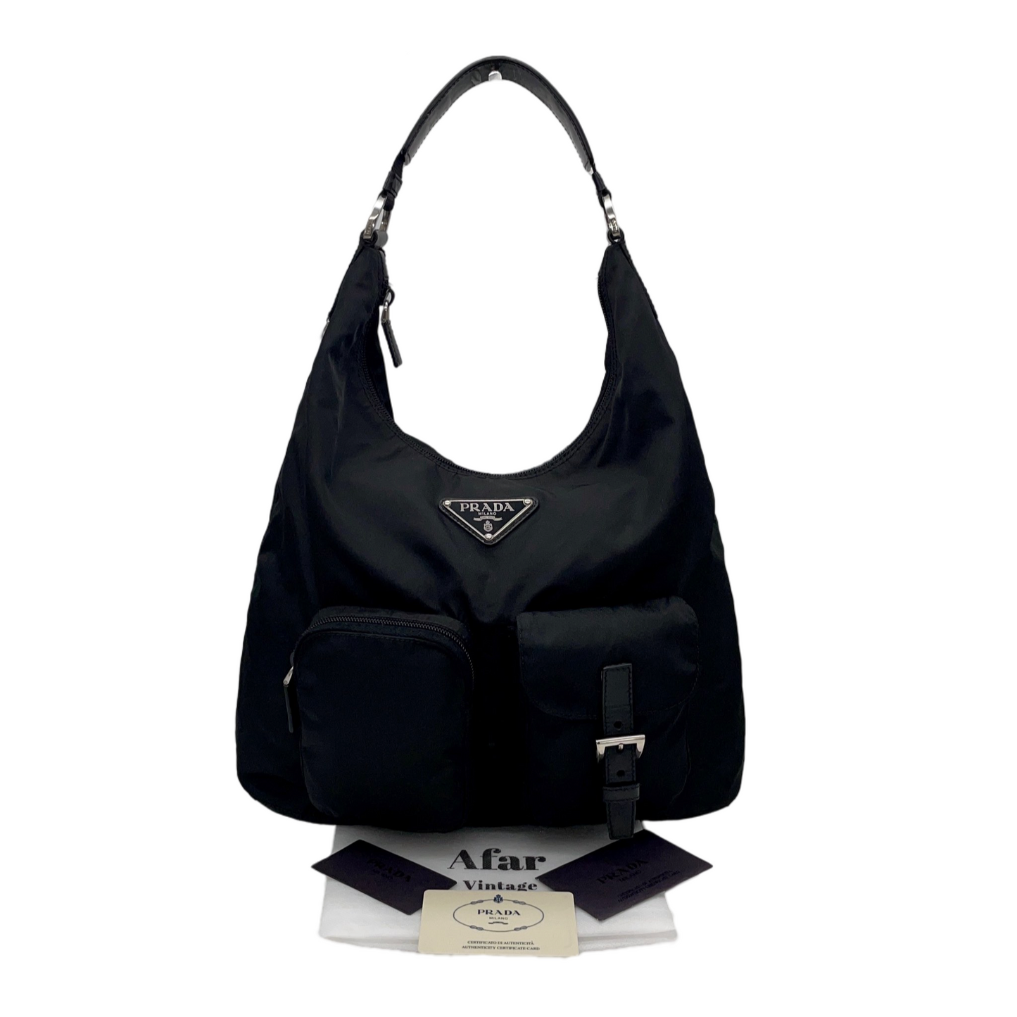 RARE☆☆☆☆PRADA Triangle LOGO Multi-Pockets Hobo Shoulder Bag Black &amp; Silver