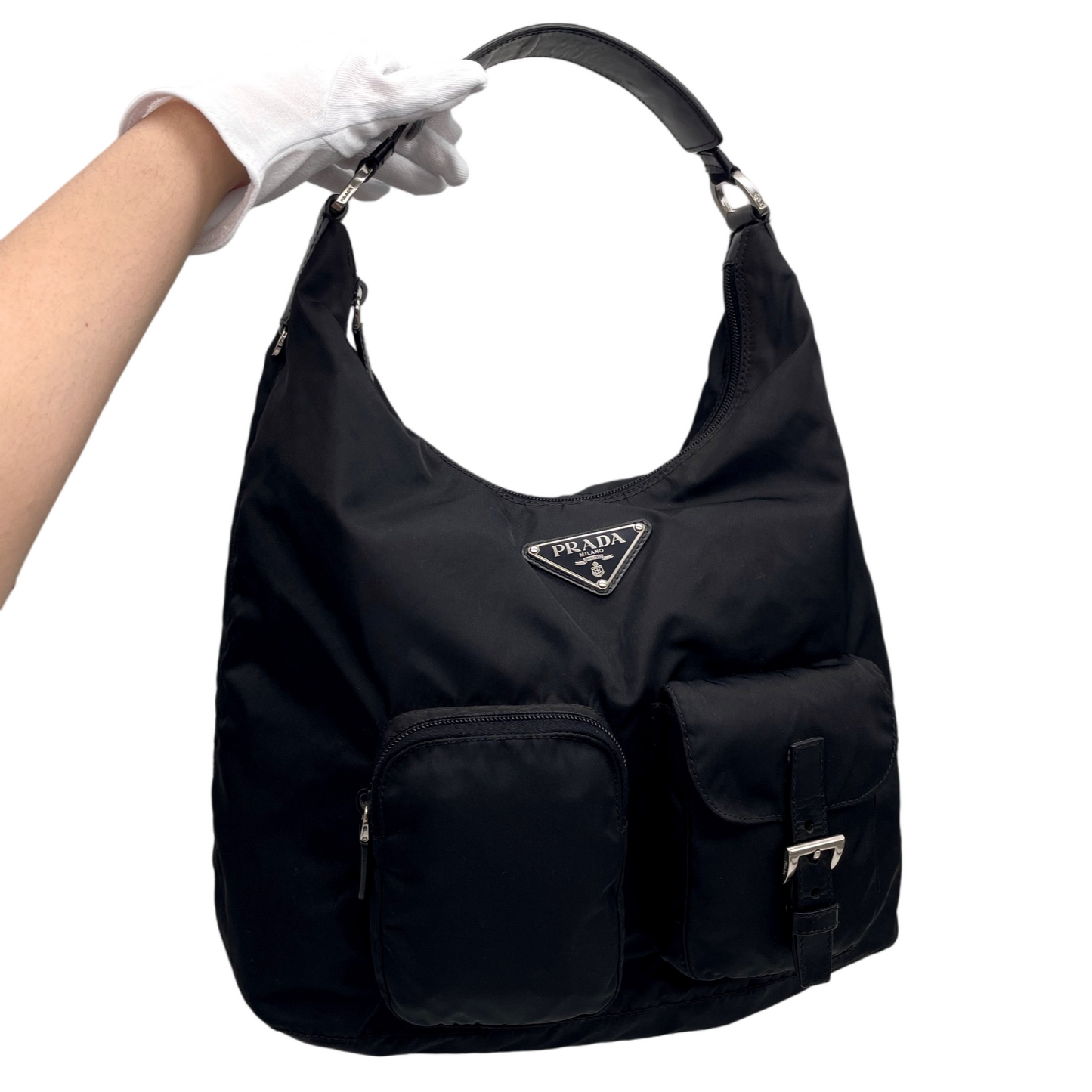 RARE☆☆☆☆PRADA Triangle LOGO Multi-Pockets Hobo Shoulder Bag Black &amp; Silver