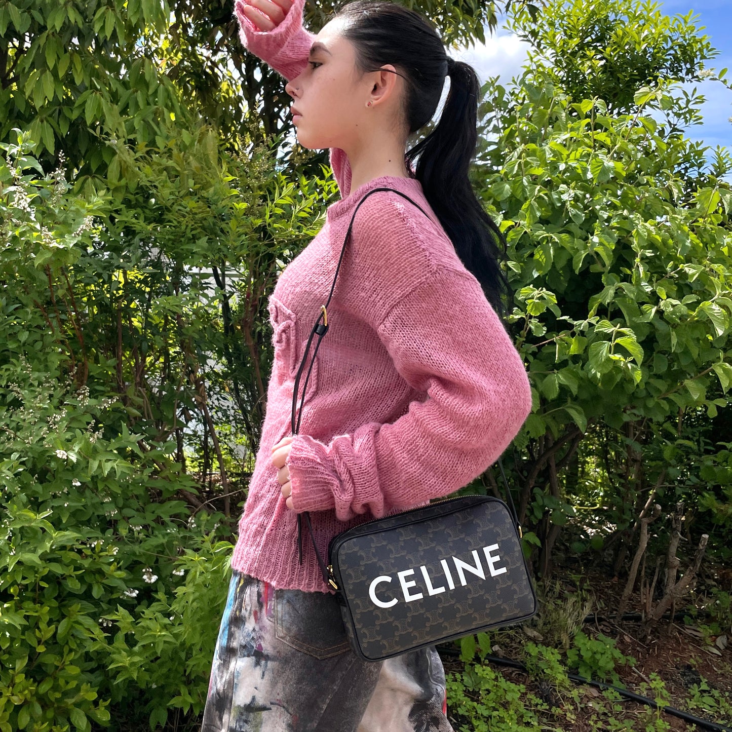 CELINE Triomphe PVC CELINE LOGO Crossbody Shoulder Bag Black & White