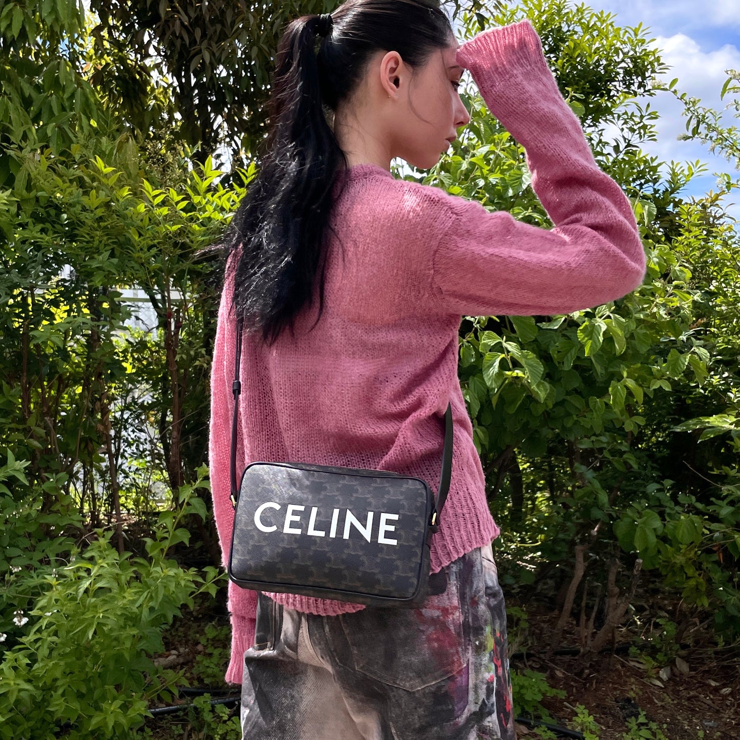 CELINE Triomphe PVC CELINE LOGO Crossbody Shoulder Bag Black & White