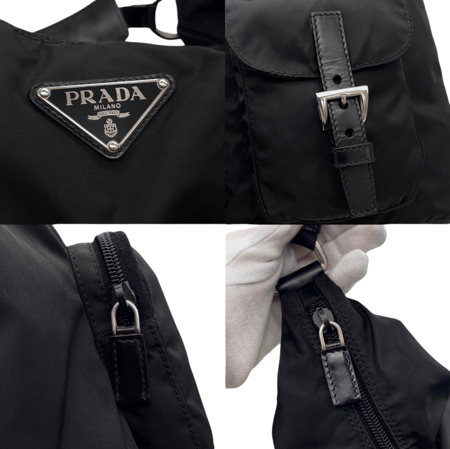 RARE☆☆☆☆PRADA Triangle LOGO Multi-Pockets Hobo Shoulder Bag Black &amp; Silver