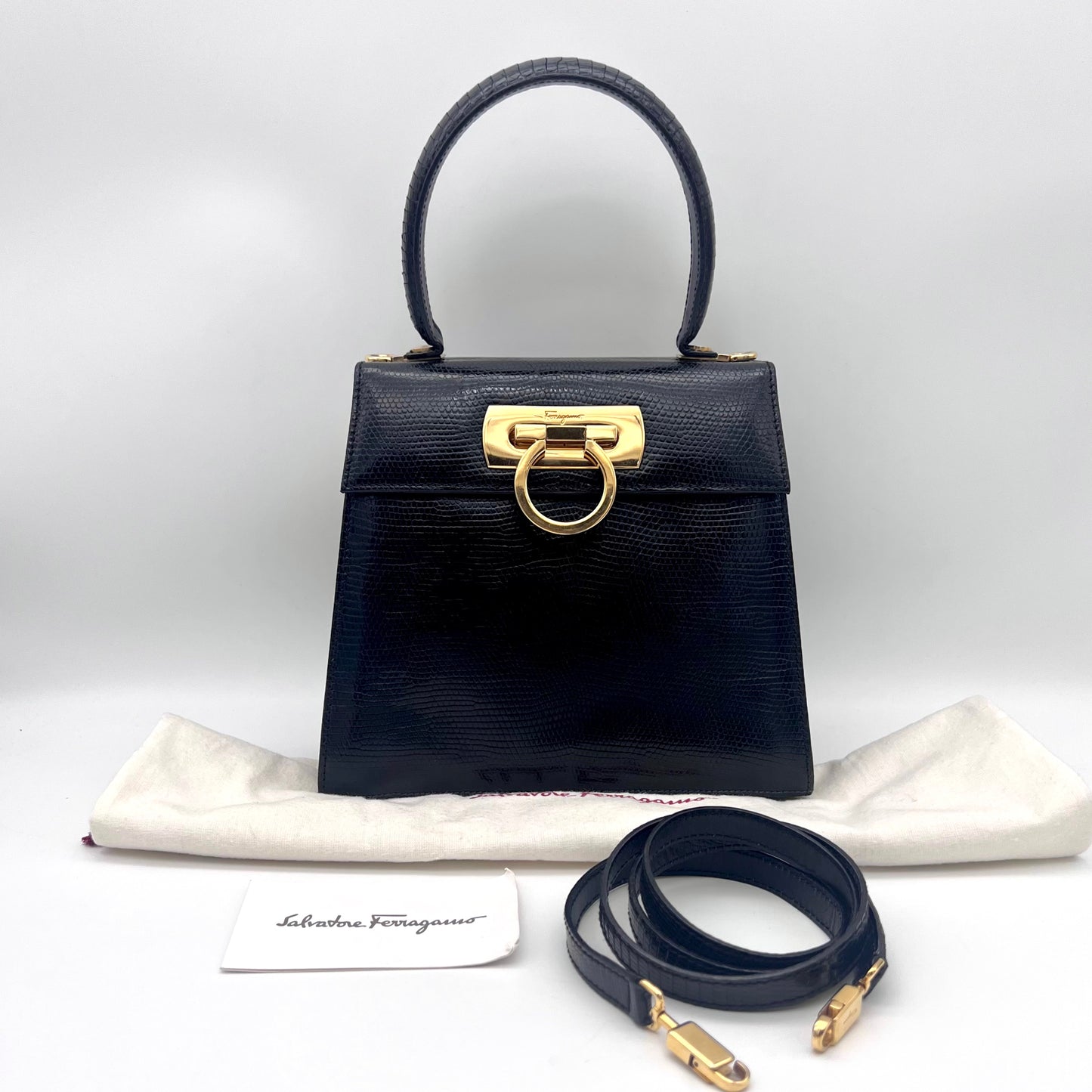 RARE☆☆☆AUTH Pre-owned Salvatore Ferragamo Gancini lizard skin leather Kelly type 2-way hand bag