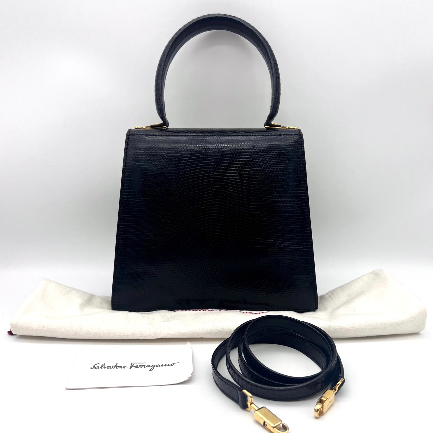 RARE☆☆☆AUTH Pre-owned Salvatore Ferragamo Gancini lizard skin leather Kelly type 2-way hand bag