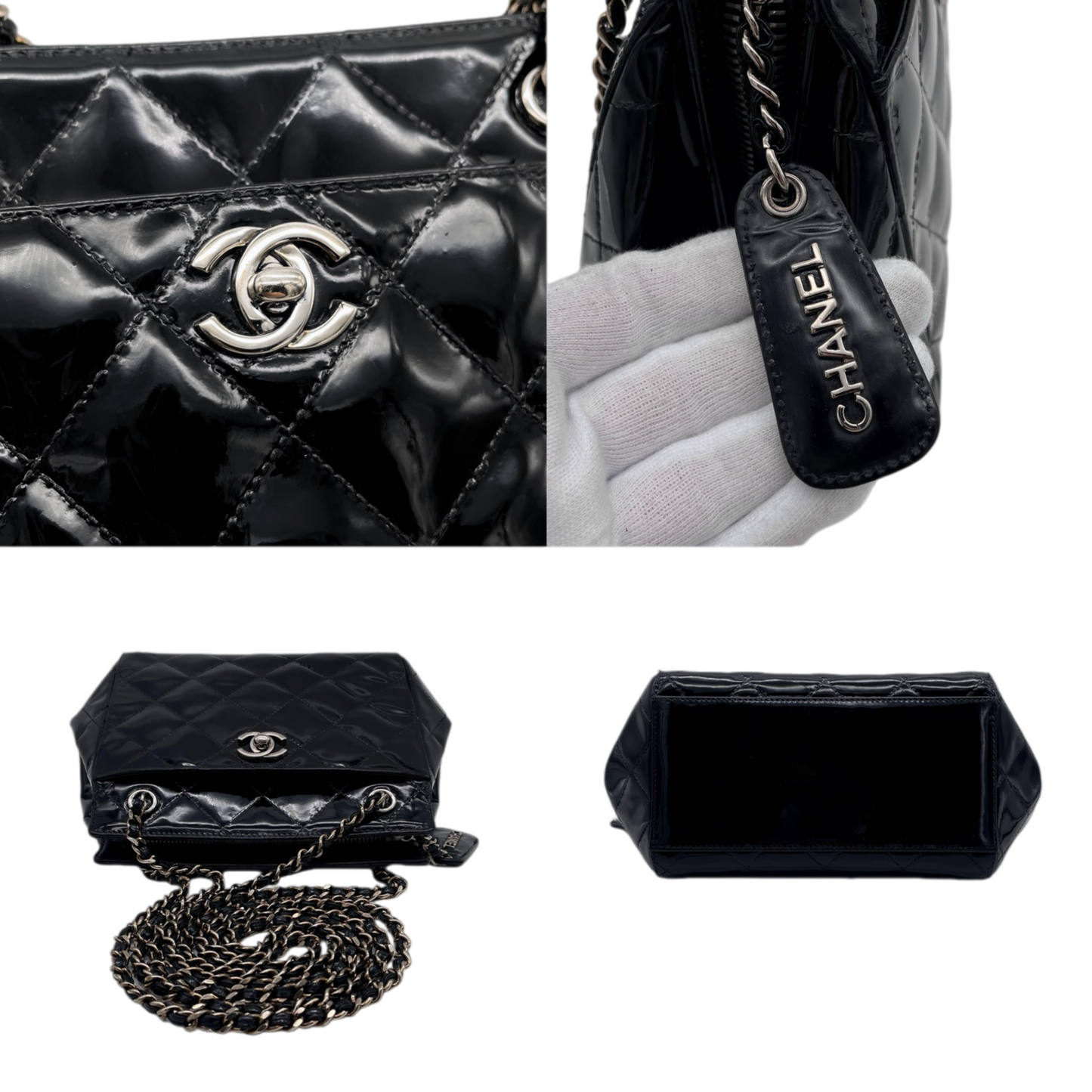 RARE★★★CHANEL 1997 Matelassé Enamel CC Logo Double-Chain Shoulder Crossbody Bag Mini Black & Silver