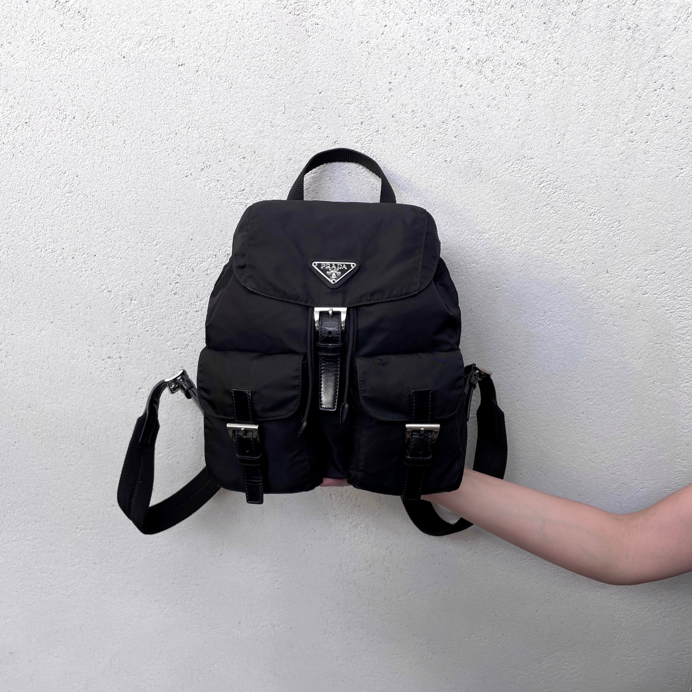 PRADA Triangle Logo Pockets Nylon Backpack PM Black & Silver