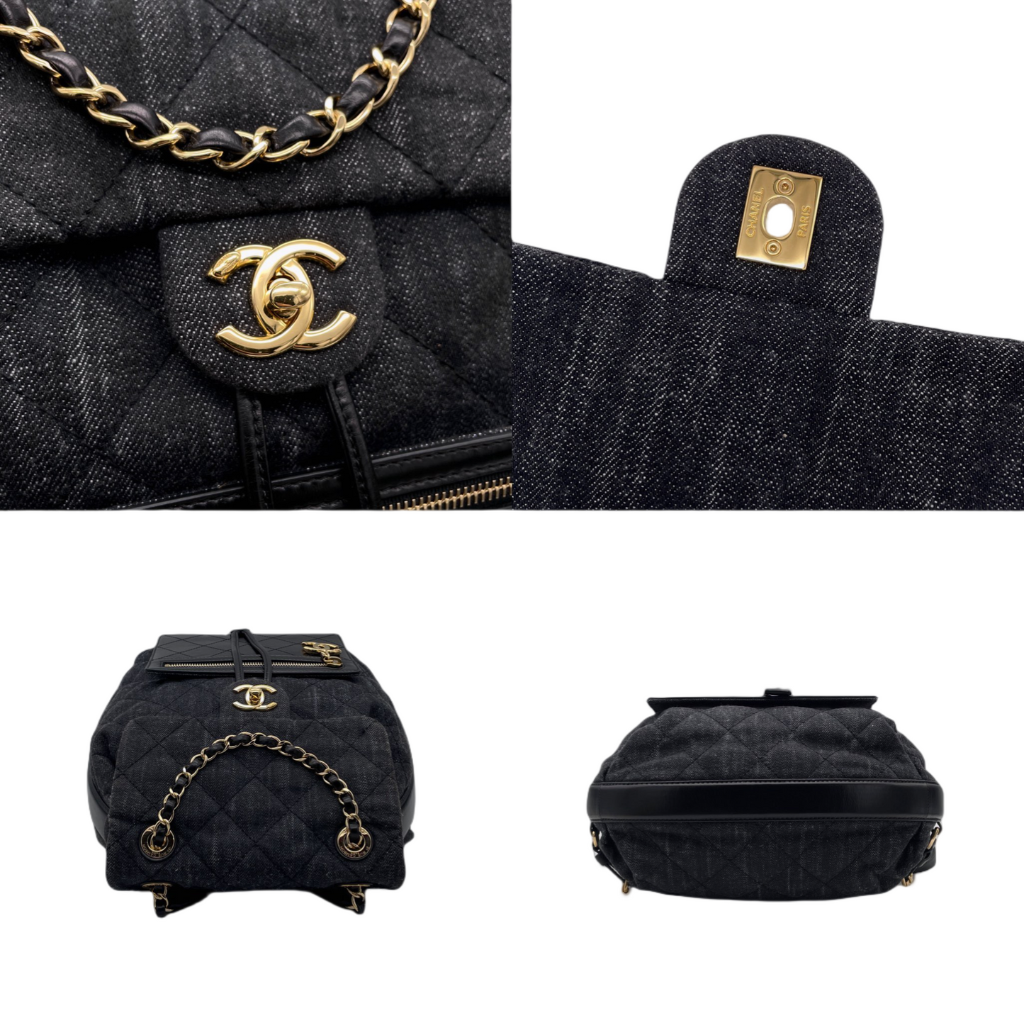 RARE☆☆☆☆CHANEL Matelassé Denim CC LOGO Pendant Métiers d'Art Paris-Salzburg Chain Strap Backpack Black &amp; Gold