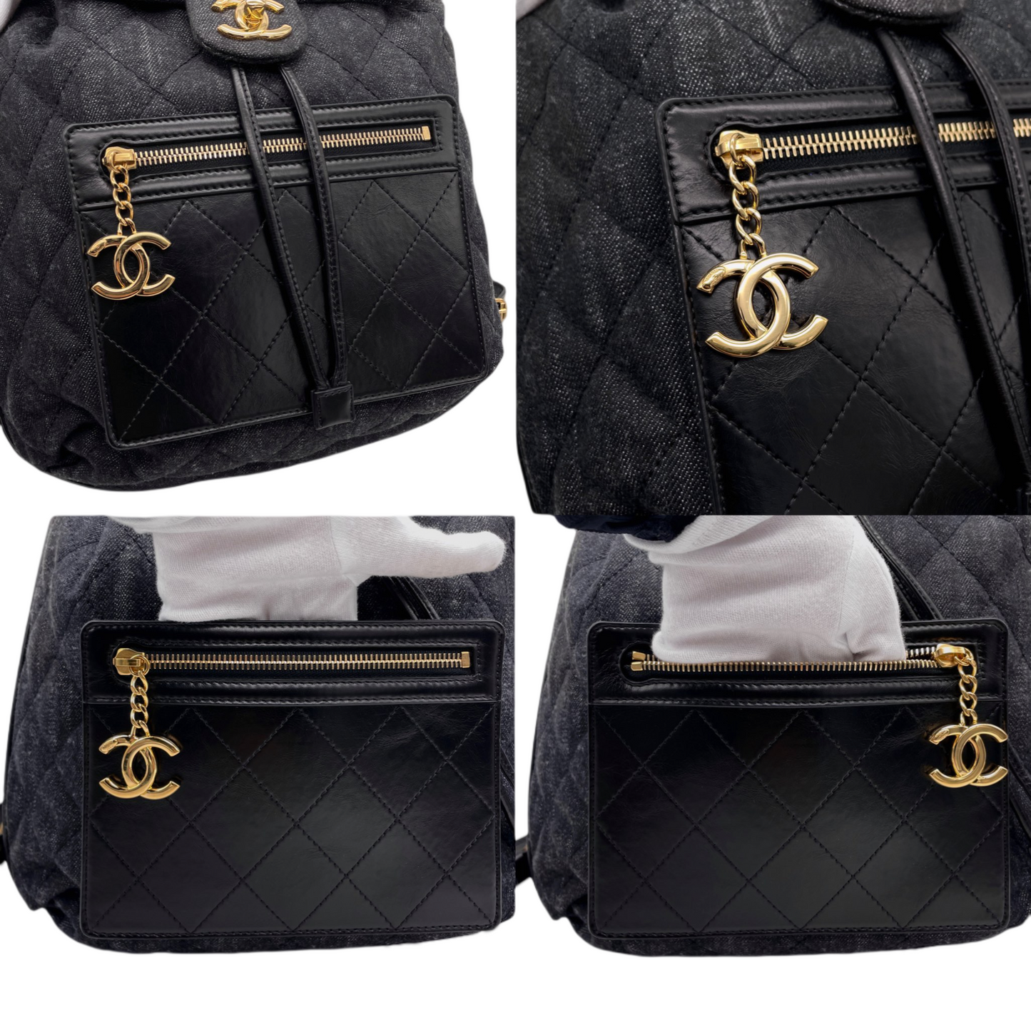 RARE☆☆☆☆CHANEL Matelassé Denim CC LOGO Pendant Métiers d'Art Paris-Salzburg Chain Strap Backpack Black &amp; Gold