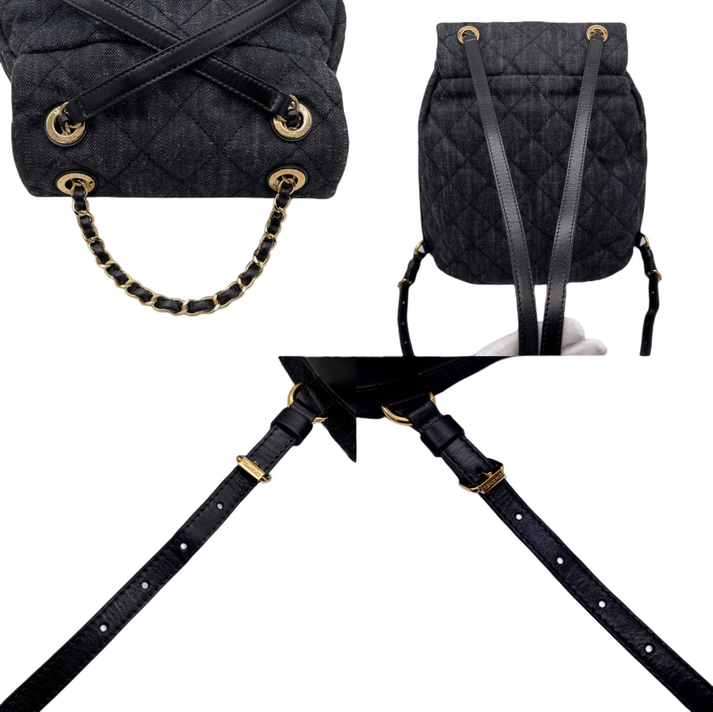 RARE☆☆☆☆CHANEL Matelassé Denim CC LOGO Pendant Métiers d'Art Paris-Salzburg Chain Strap Backpack Black &amp; Gold