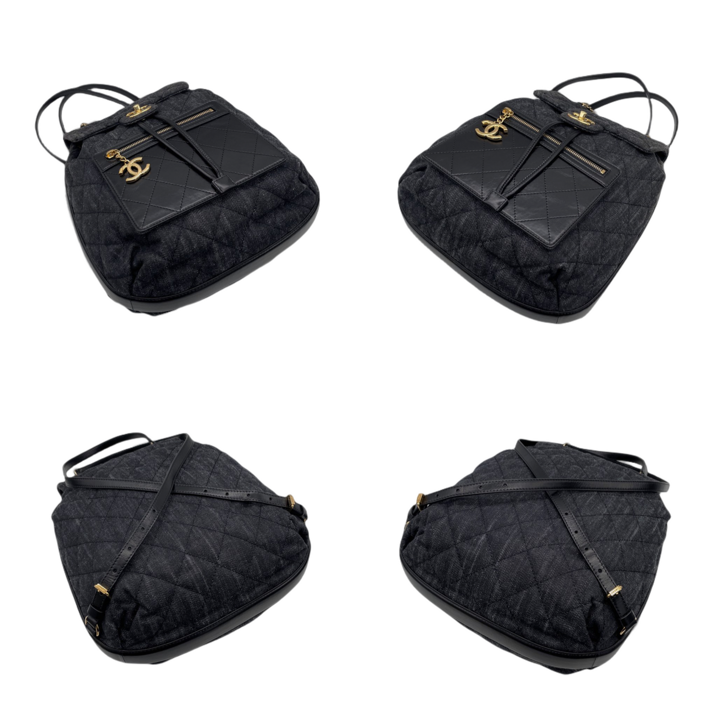 RARE☆☆☆☆CHANEL Matelassé Denim CC LOGO Pendant Métiers d'Art Paris-Salzburg Chain Strap Backpack Black &amp; Gold