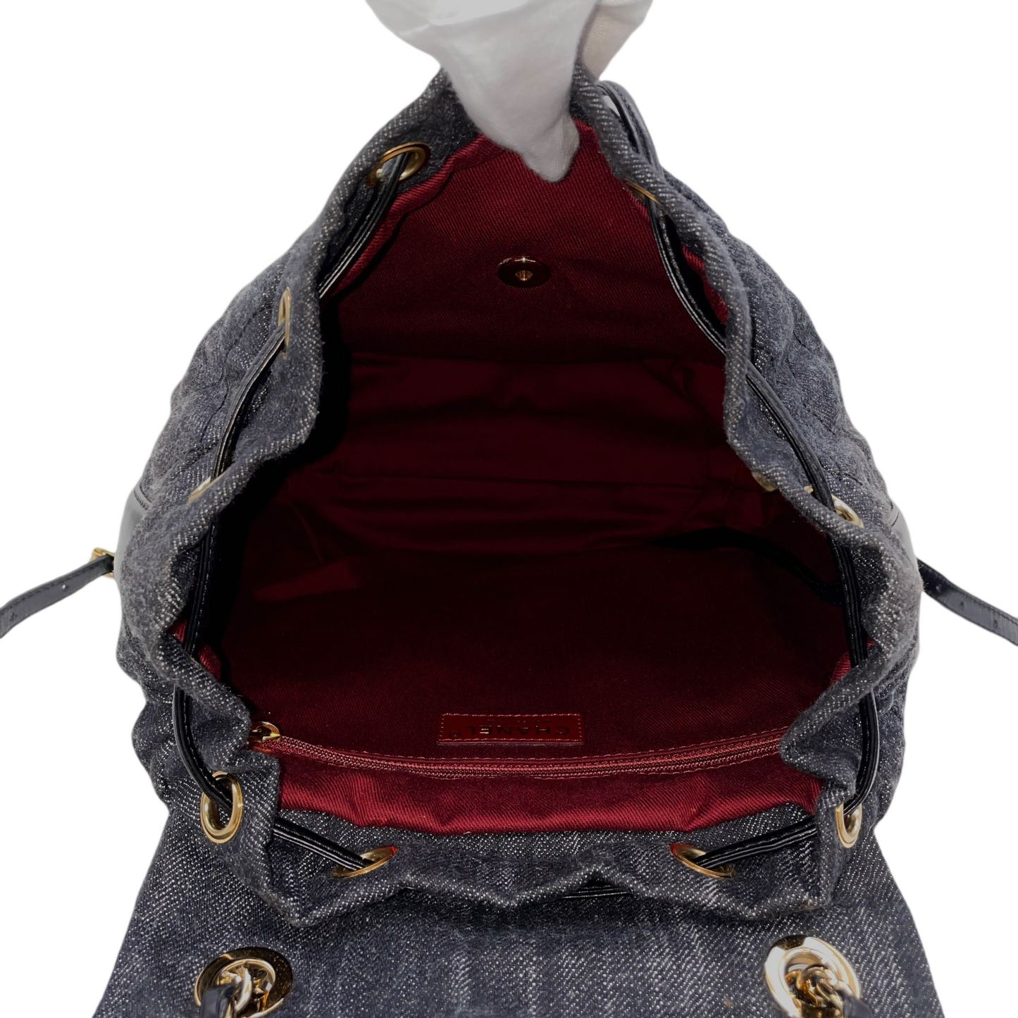 RARE☆☆☆☆CHANEL Matelassé Denim CC LOGO Pendant Métiers d'Art Paris-Salzburg Chain Strap Backpack Black &amp; Gold