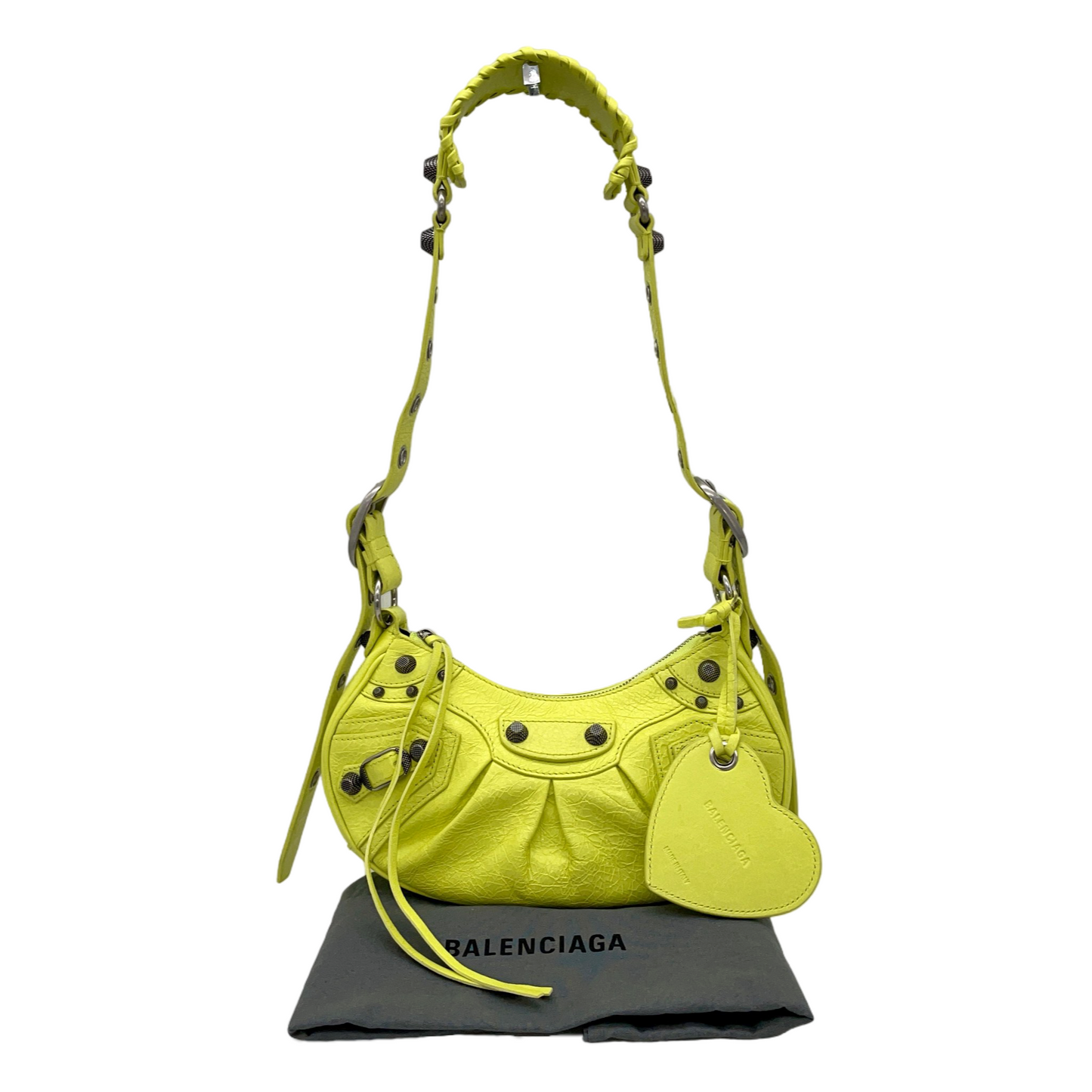RARE☆☆☆☆Balenciaga Le Cagole Shoulder Bag XS in Neon Green Arena Lambskin, Aged-Silver Hardware