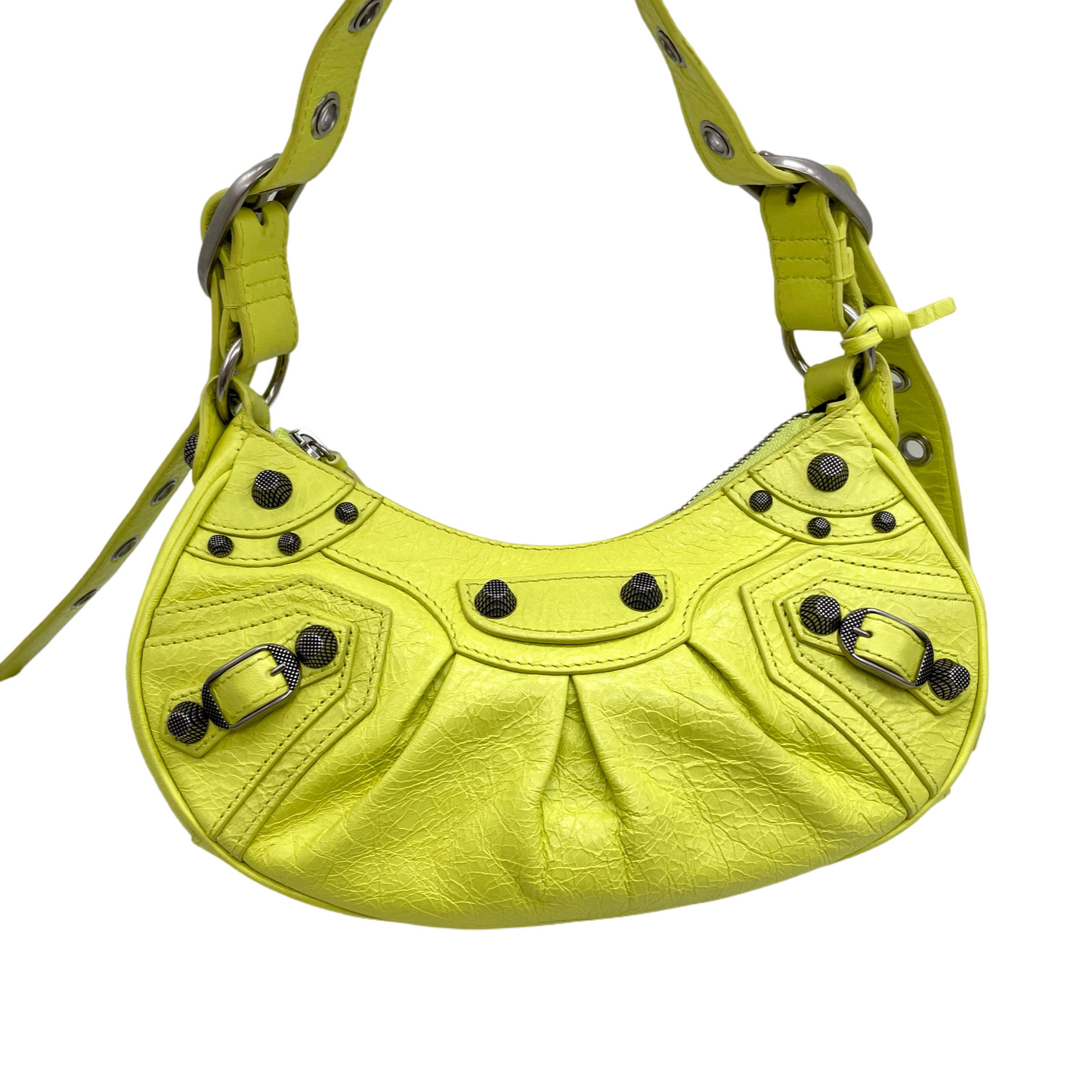 RARE☆☆☆☆Balenciaga Le Cagole Shoulder Bag XS in Neon Green Arena Lambskin, Aged-Silver Hardware