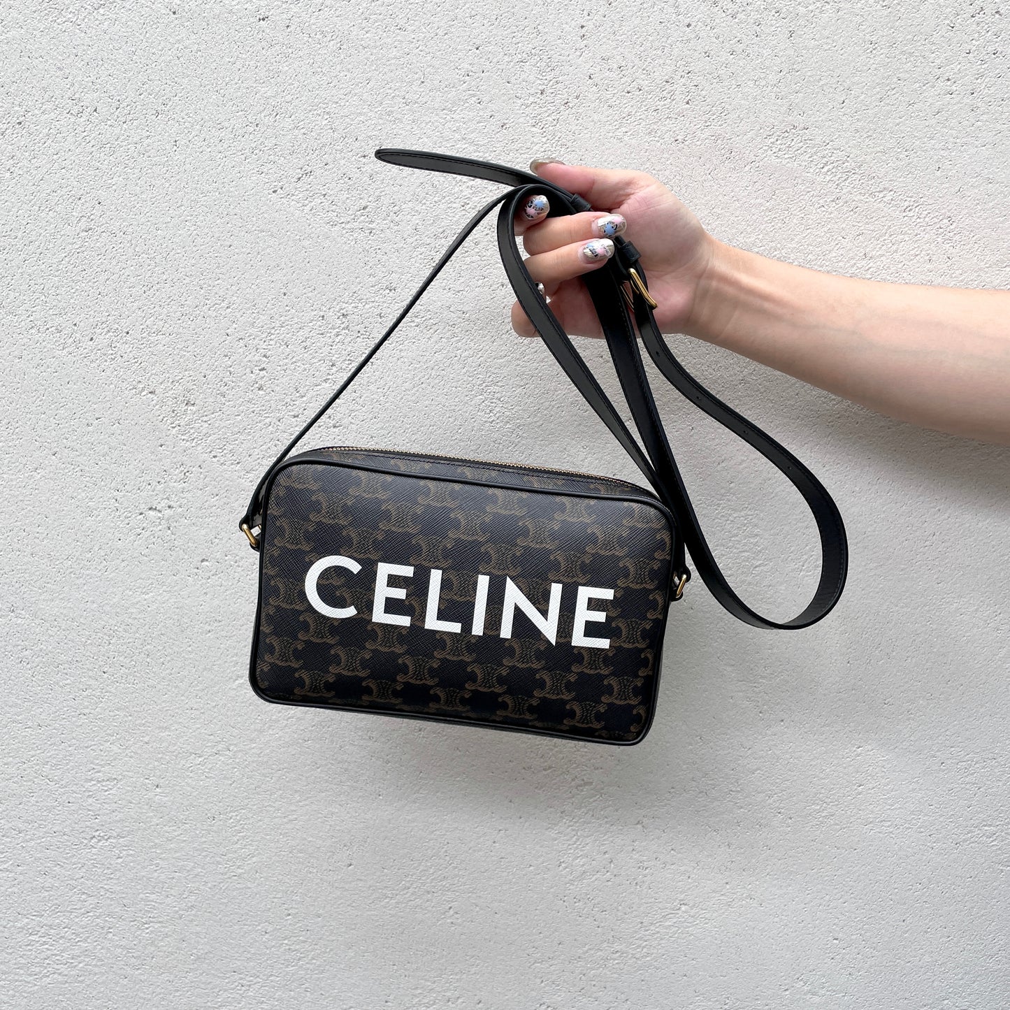 CELINE Triomphe PVC CELINE LOGO Crossbody Shoulder Bag Black & White