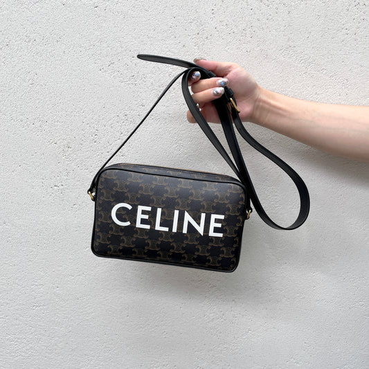 CELINE Triomphe PVC CELINE LOGO Crossbody Shoulder Bag Black & White