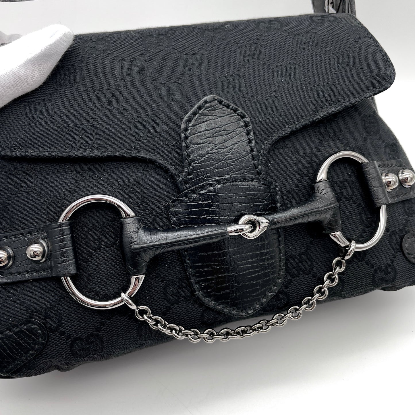 RARE☆☆GUCCI GG Canvas Chain Horsebit One Shoulder Bag PM SHW Black