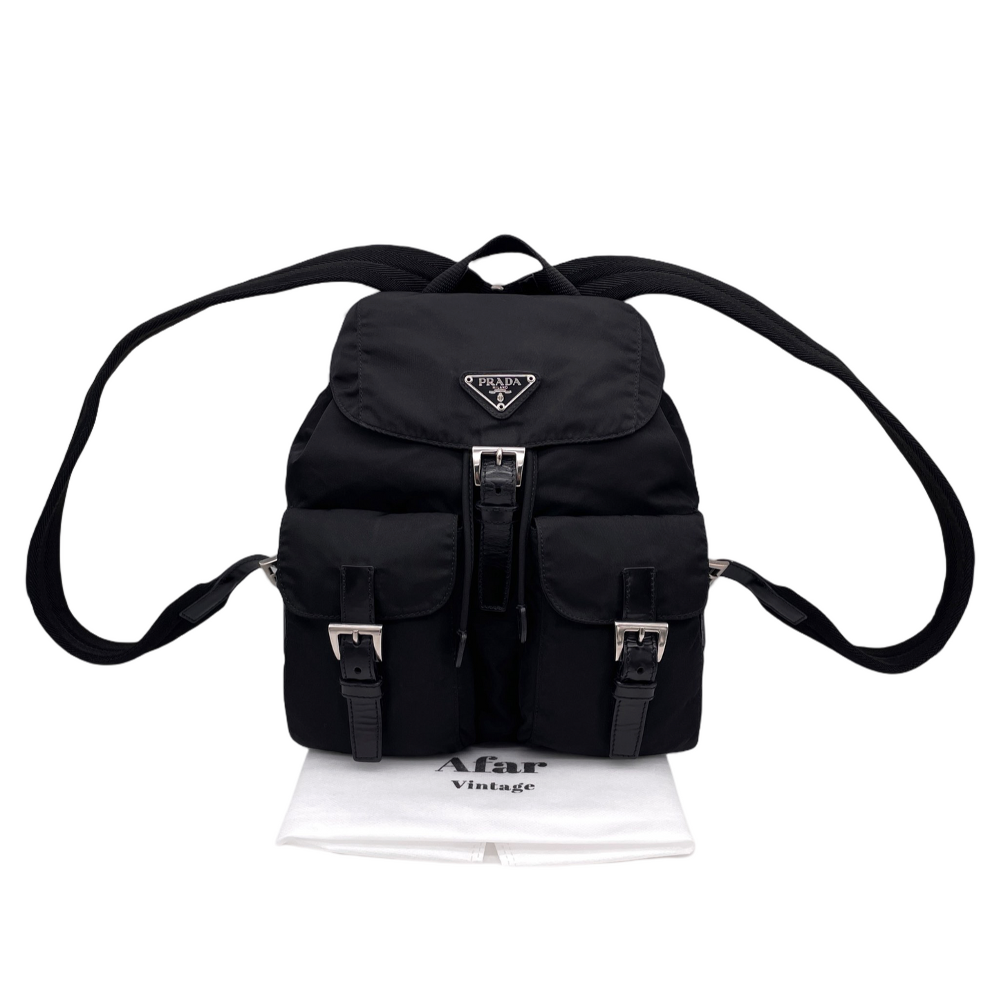 PRADA Triangle Logo Pockets Nylon Backpack PM Black &amp; Silver