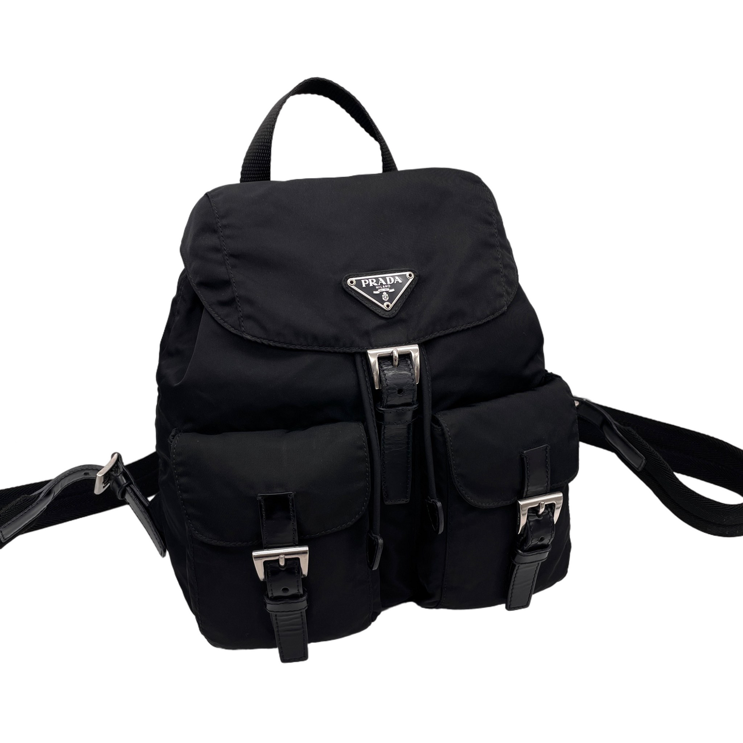 PRADA Triangle Logo Pockets Nylon Backpack PM Black &amp; Silver