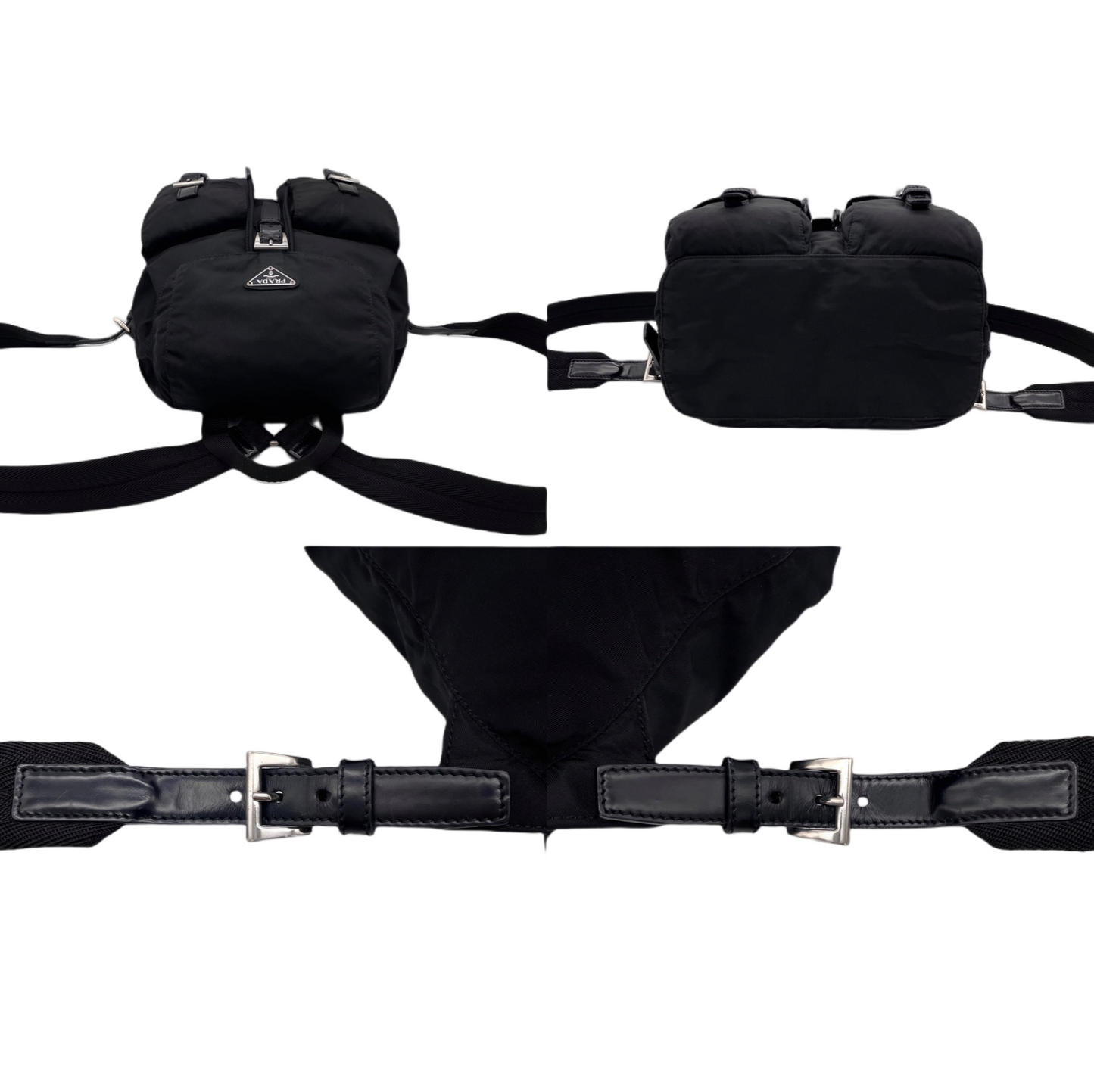 PRADA Triangle Logo Pockets Nylon Backpack PM Black &amp; Silver