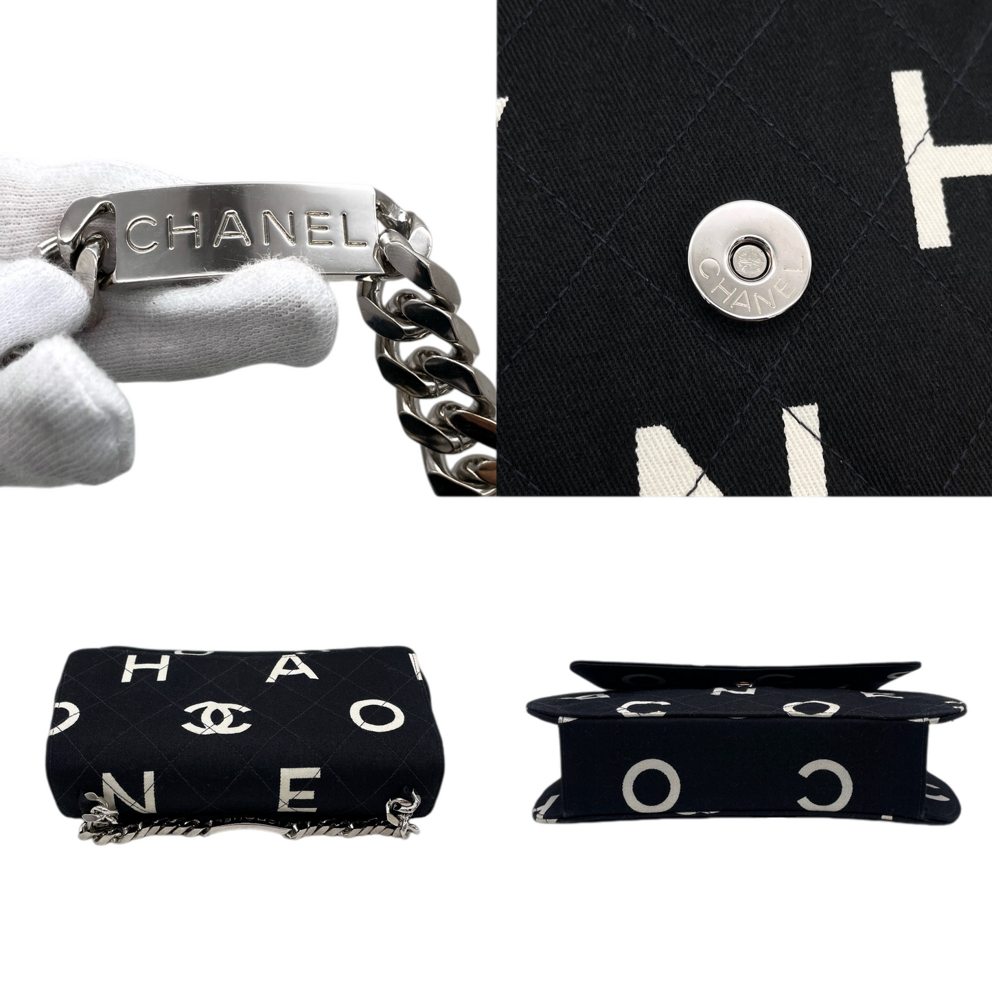 RARE★★★★CHANEL 1997 1995 SS Matelassé Canvas Chain-Handle C H A N E L Graffiti Top Handle Bag Small Black/White