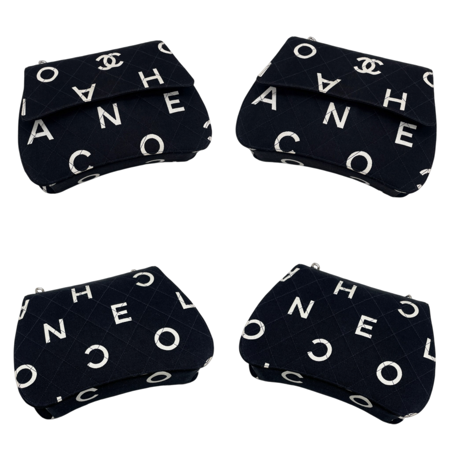 RARE★★★★CHANEL 1997 1995 SS Matelassé Canvas Chain-Handle C H A N E L Graffiti Top Handle Bag Small Black/White