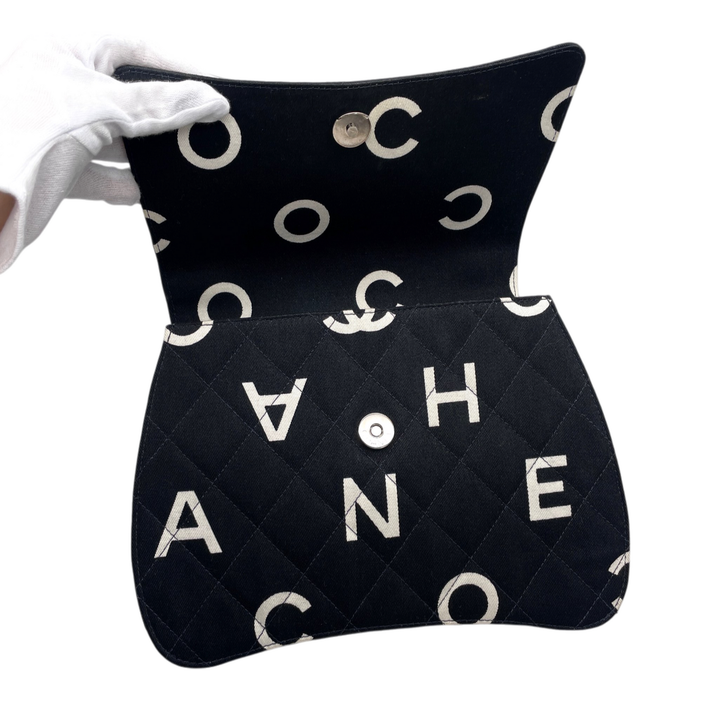 RARE★★★★CHANEL 1997 1995 SS Matelassé Canvas Chain-Handle C H A N E L Graffiti Top Handle Bag Small Black/White