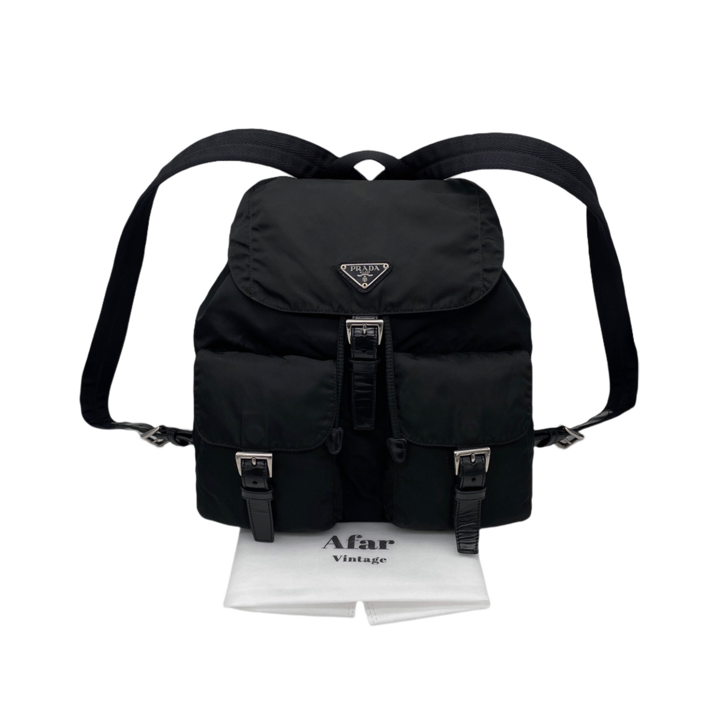 PRADA Triangle Logo Pockets Nylon Backpack Bag MM Black &amp; Silver