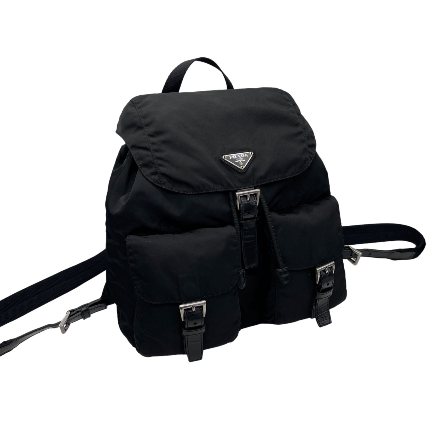 PRADA Triangle Logo Pockets Nylon Backpack Bag MM Black &amp; Silver