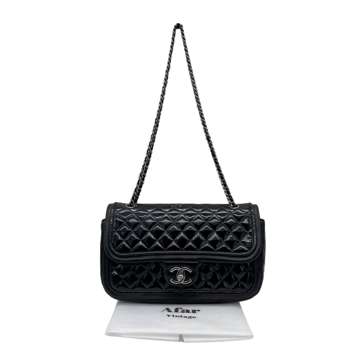 CHANEL 2014 Preloved Matelassé Enamel &amp; Lamb Skin Double Chain Single Flap Shoulder Bag Black &amp; Silver