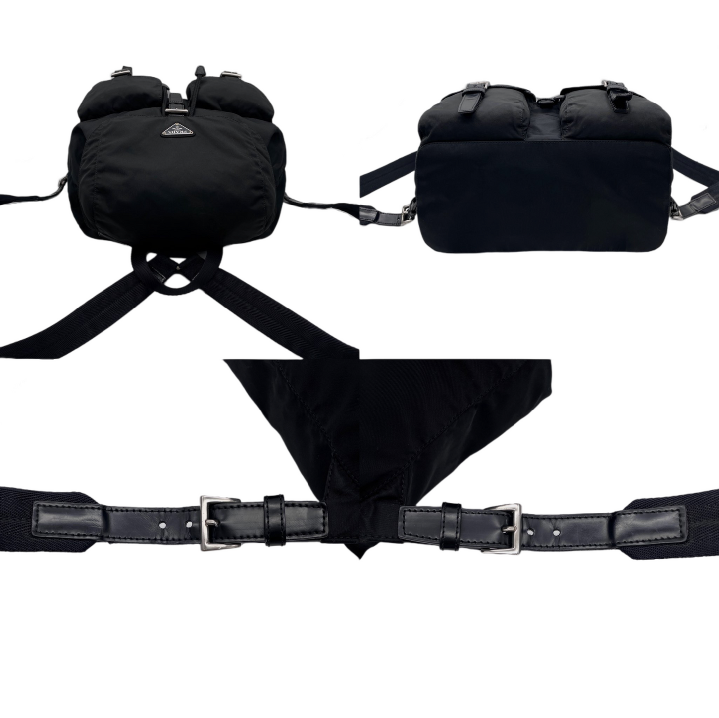 PRADA Triangle Logo Pockets Nylon Backpack Bag MM Black &amp; Silver