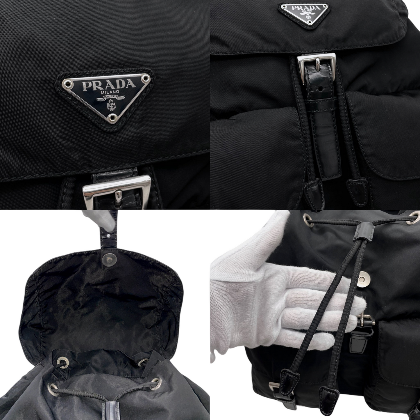 PRADA Triangle Logo Pockets Nylon Backpack Bag MM Black &amp; Silver
