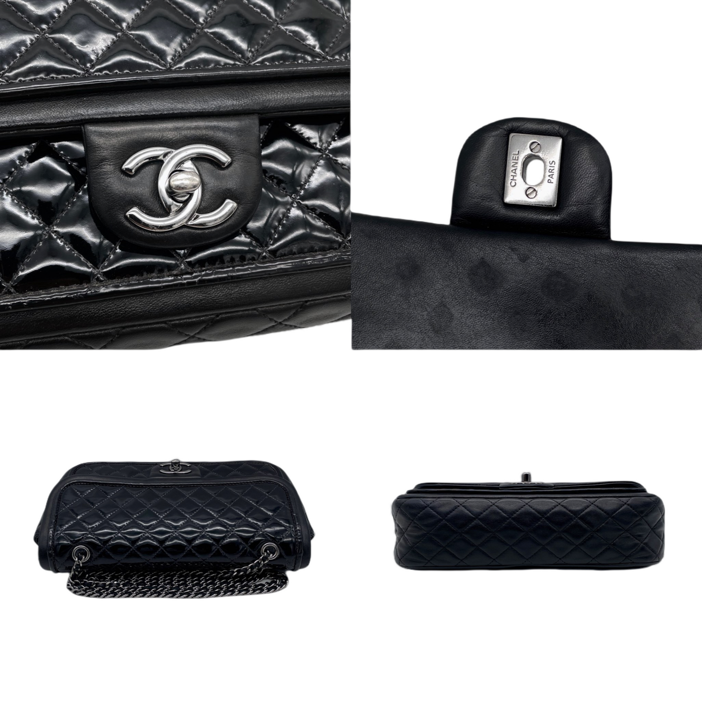 CHANEL 2014 Preloved Matelassé Enamel &amp; Lamb Skin Double Chain Single Flap Shoulder Bag Black &amp; Silver