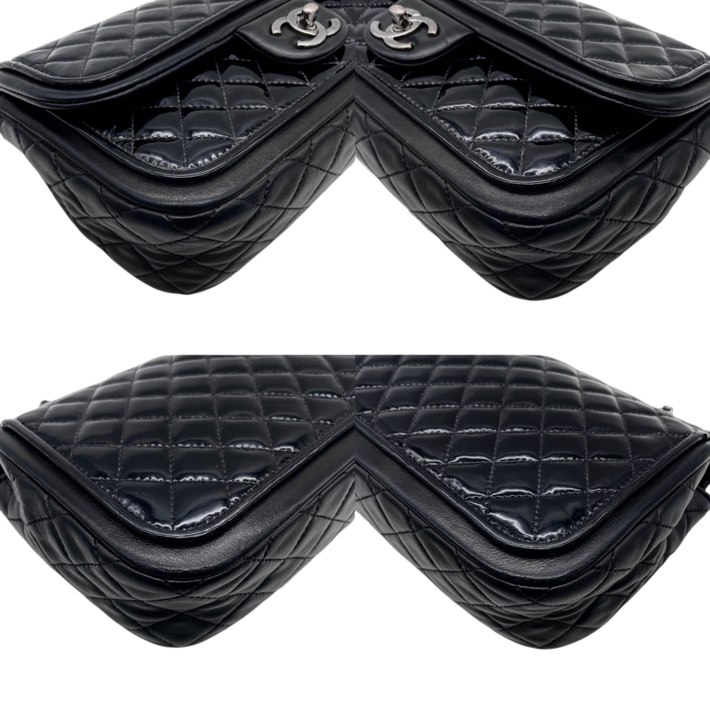 CHANEL 2014 Preloved Matelassé Enamel &amp; Lamb Skin Double Chain Single Flap Shoulder Bag Black &amp; Silver