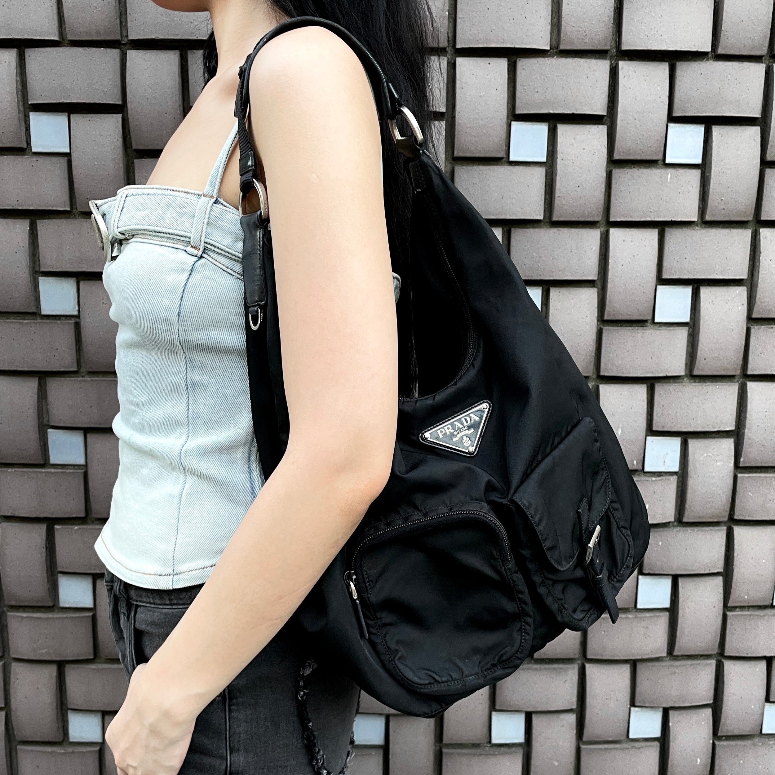 RAREPRADA Triangle LOGO Multi-Pockets Hobo Shoulder Bag Black & Si