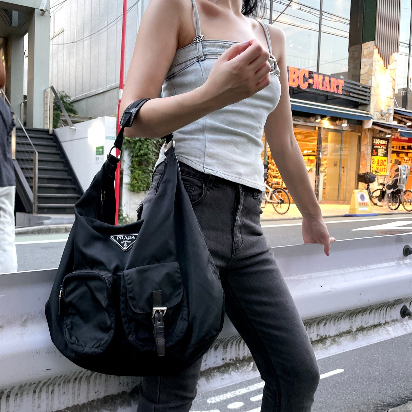 RARE☆☆☆☆PRADA Triangle LOGO Multi-Pockets Hobo Shoulder Bag Black &amp; Silver