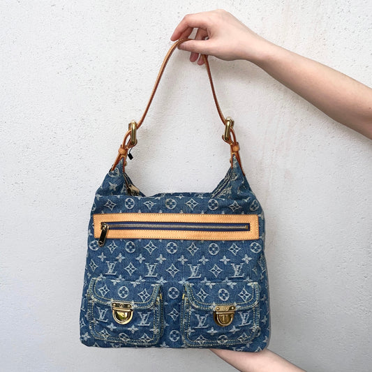 RARE★★★★LOUIS VUITTON 2005 Monogram Denim & Leather Baggy Shoulder Bag M95048 Large Blue & Brown