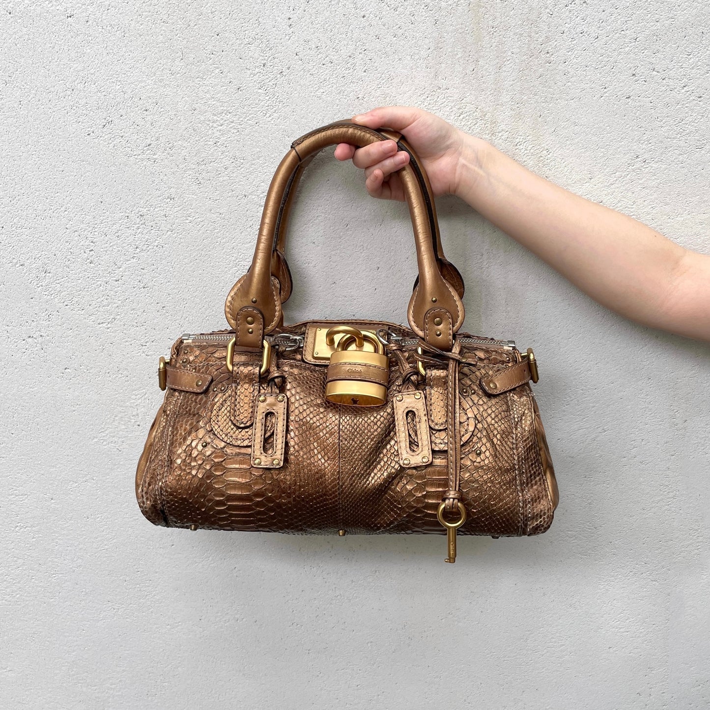 RARE★★★★Chloé 2008 Limited Edition Python and Leather Paddington Shoulder Bag Medium Gold