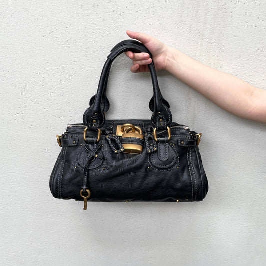 RARE★★★★Chloé Leather Paddington Shoulder Bag Medium Black with Gold Hardware