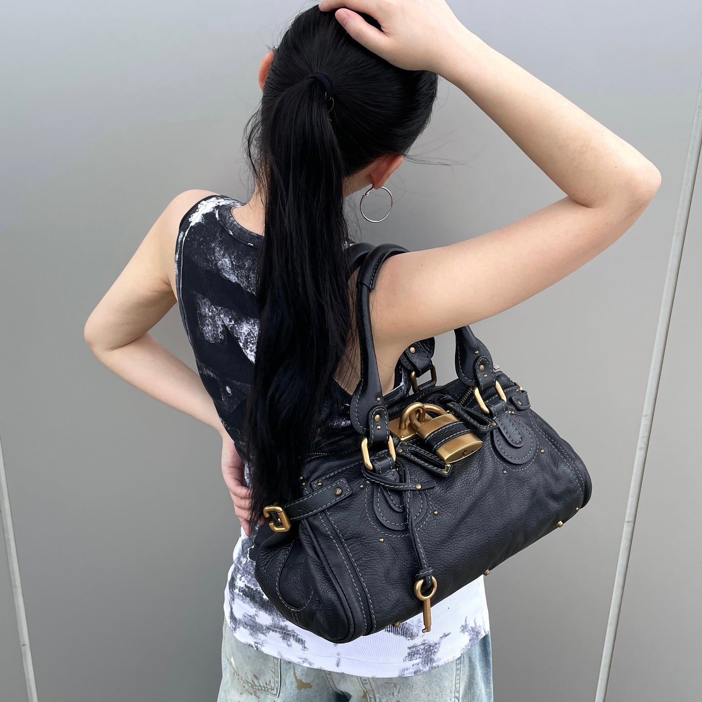 RARE★★★★Chloé Leather Paddington Shoulder Bag Medium Black with Gold Hardware