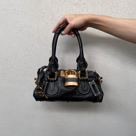 RARE☆☆☆☆Chloé Paddington Padlock Hand Bag Leather Black & Gold