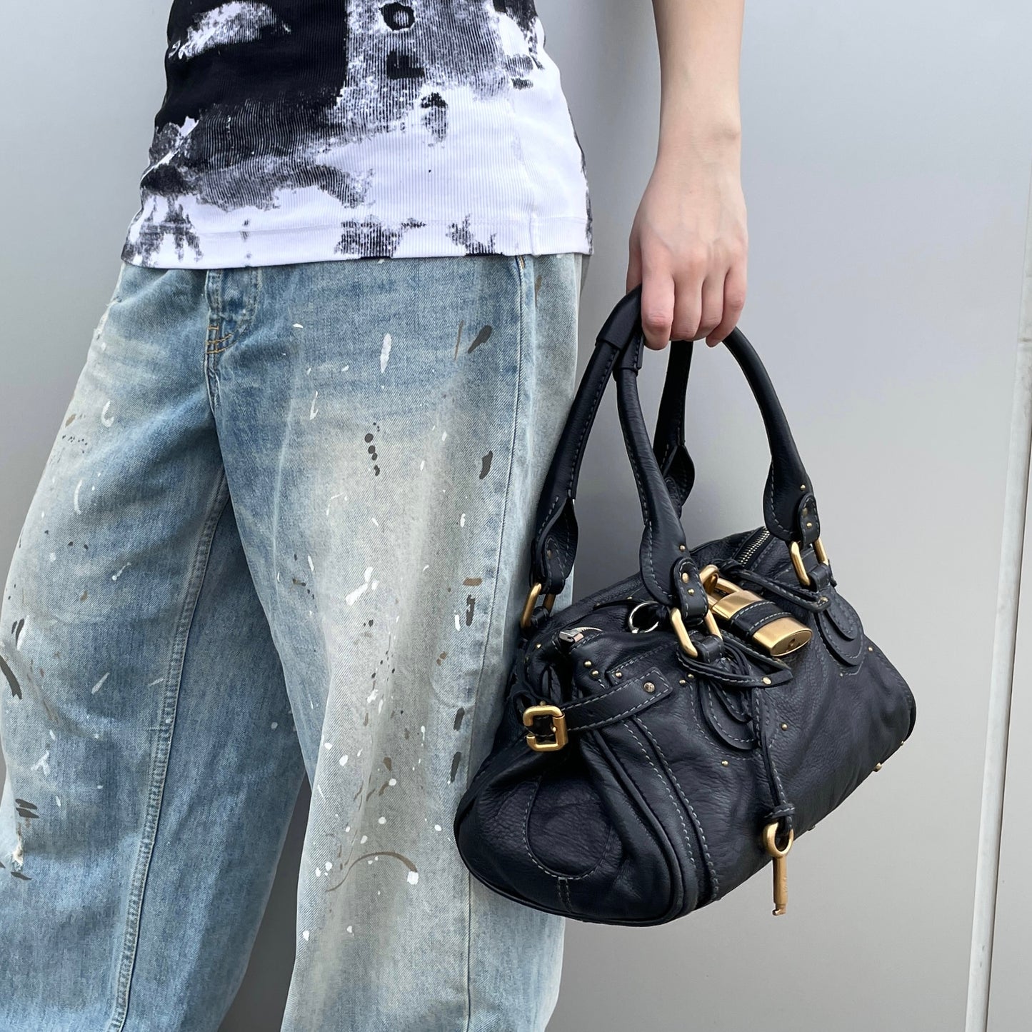 RARE★★★★Chloé Leather Paddington Shoulder Bag Medium Black with Gold Hardware