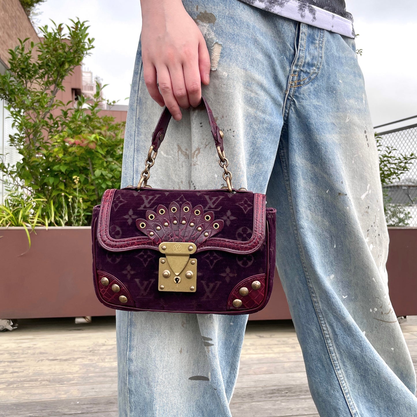 RARE★★★★★LOUIS VUITTON 2004 FW Monogram Velours Velvet & Crocodile Leather Alligator Gracie Top Handle Bag Small Purple/Gold
