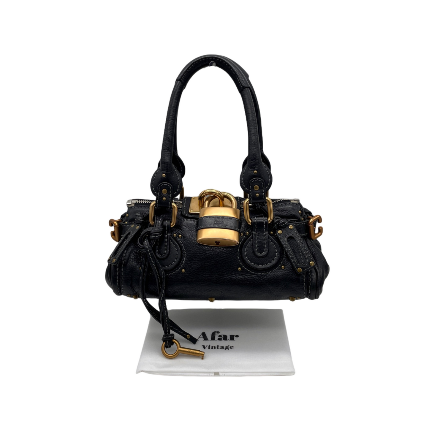 RARE☆☆☆☆Chloé Paddington Padlock Hand Bag Leather Black &amp; Gold