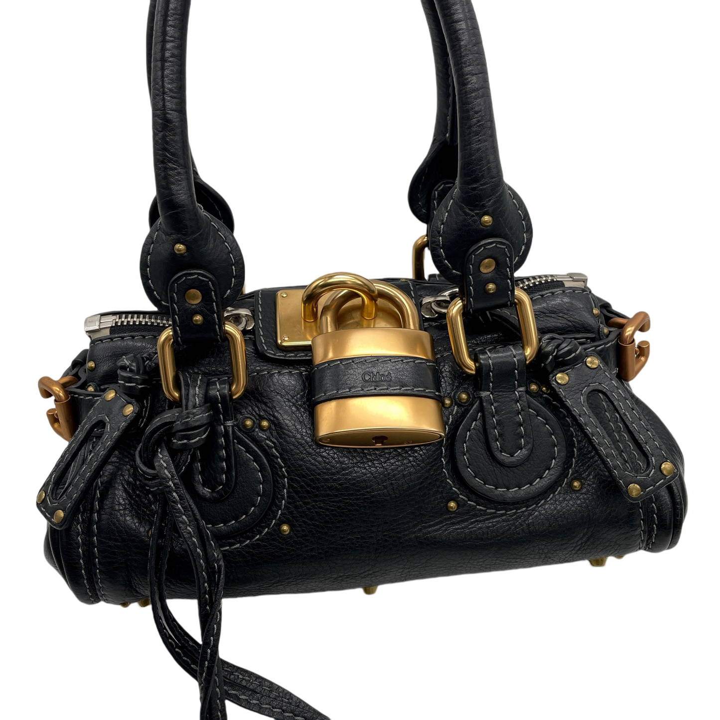 RARE☆☆☆☆Chloé Paddington Padlock Hand Bag Leather Black &amp; Gold