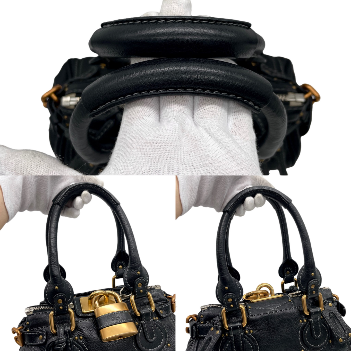 RARE☆☆☆☆Chloé Paddington Padlock Hand Bag Leather Black &amp; Gold