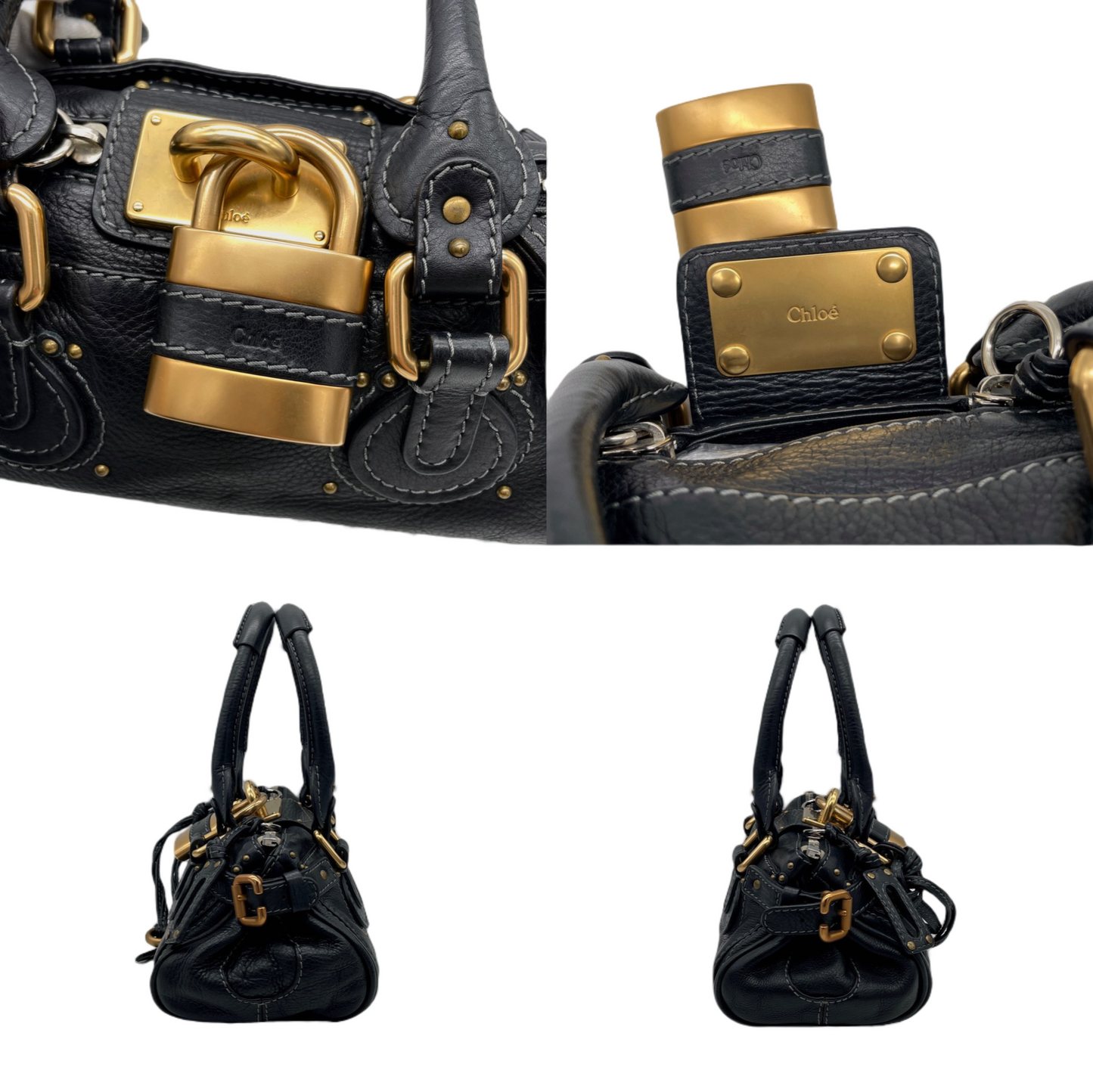 RARE☆☆☆☆Chloé Paddington Padlock Hand Bag Leather Black &amp; Gold