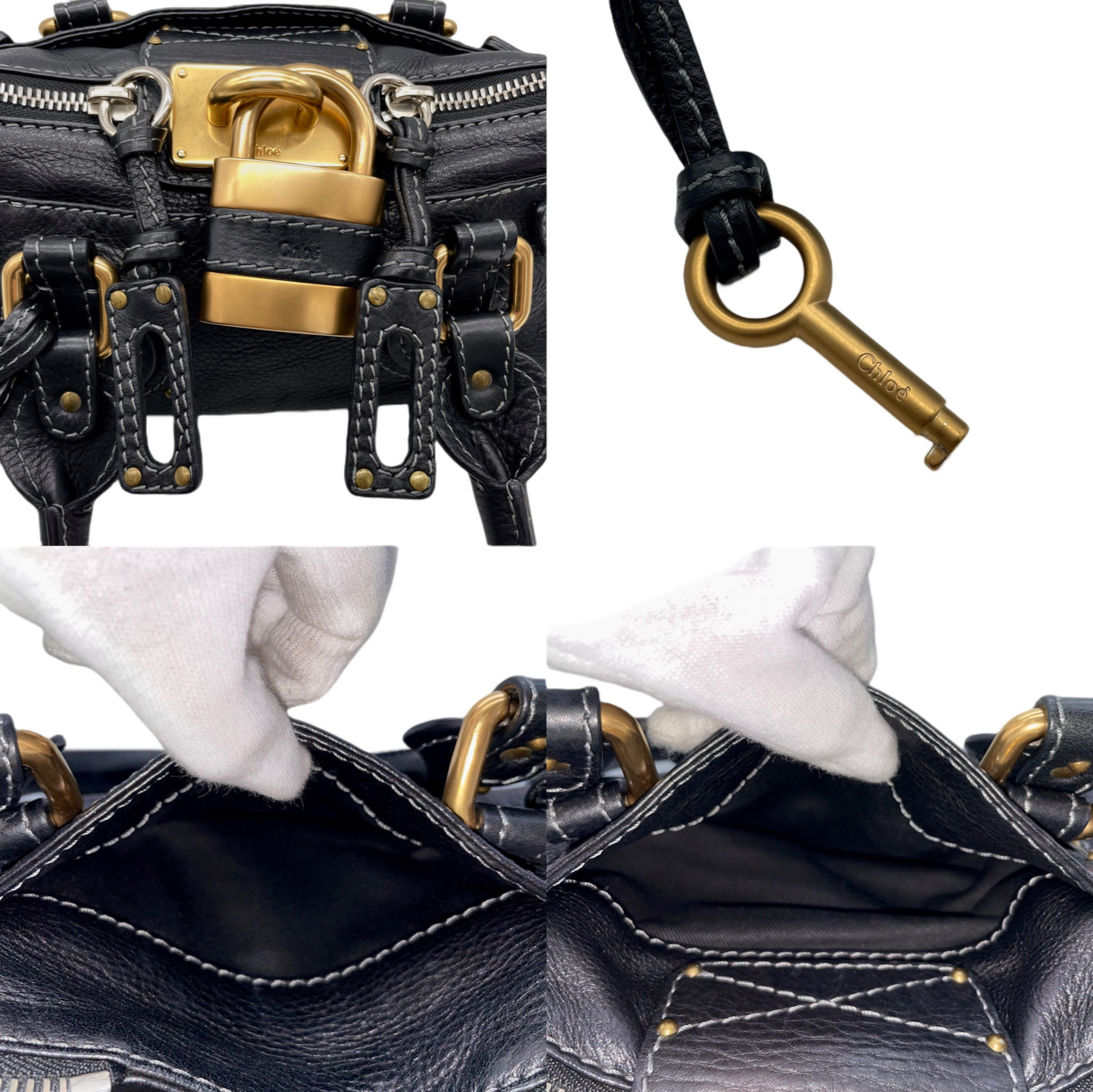 RARE☆☆☆☆Chloé Paddington Padlock Hand Bag Leather Black &amp; Gold