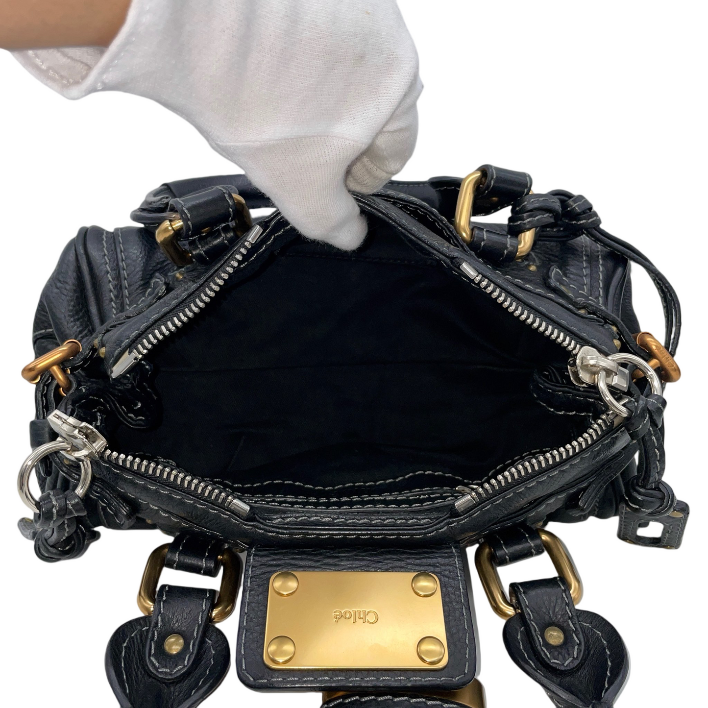 RARE☆☆☆☆Chloé Paddington Padlock Hand Bag Leather Black &amp; Gold