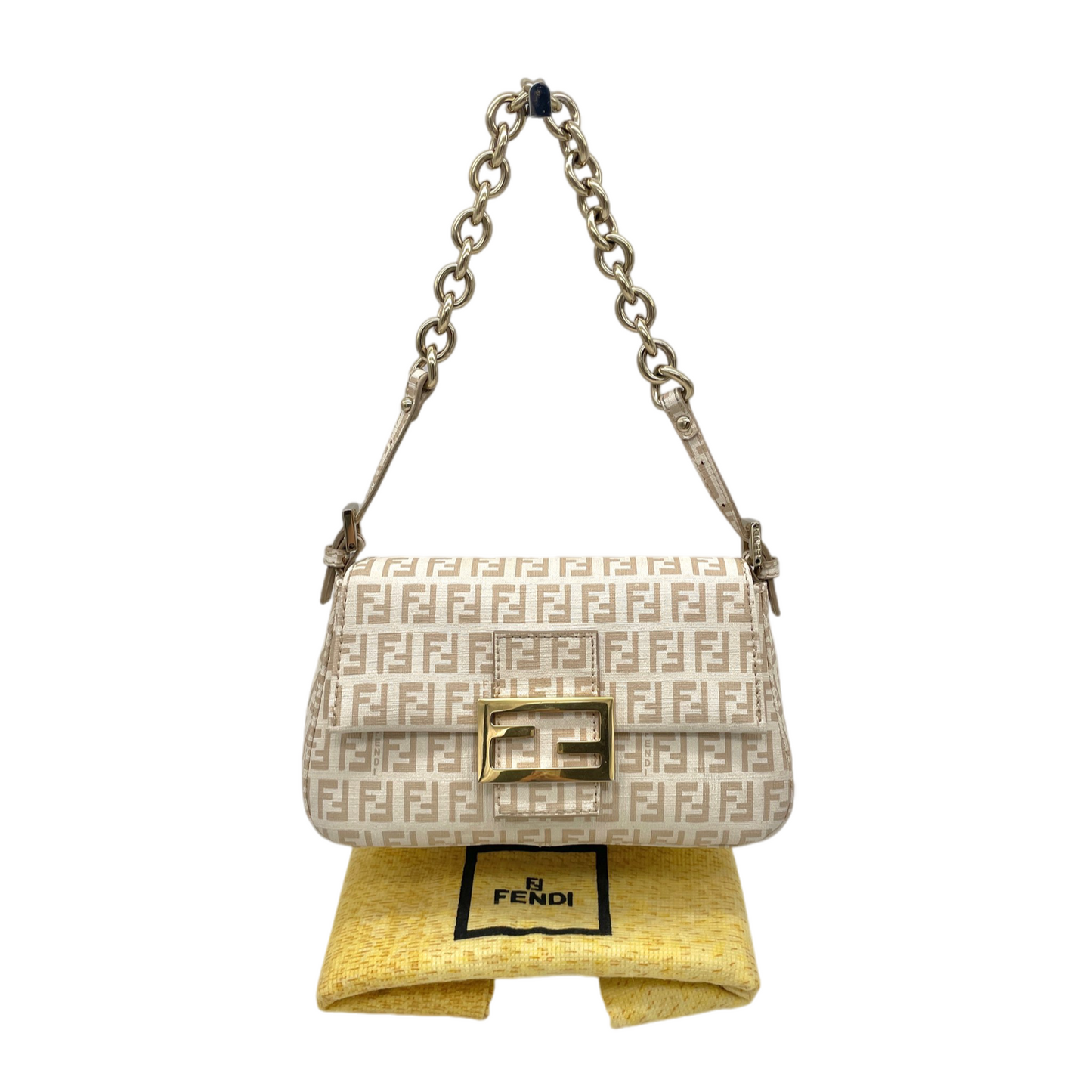 RARE☆☆☆☆FENDI Zucchino PVC Mini Mamma Baguette Chain Shoulder Bag Beige & Gold