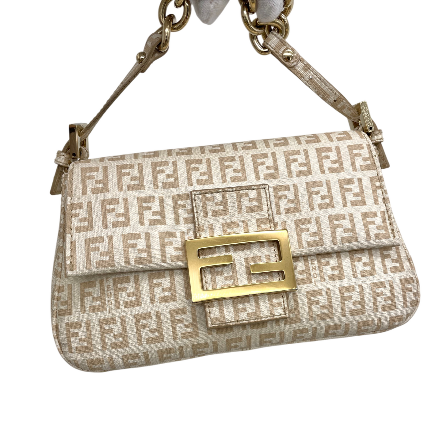RARE☆☆☆☆FENDI Zucchino PVC Mini Mamma Baguette Chain Shoulder Bag Beige & Gold
