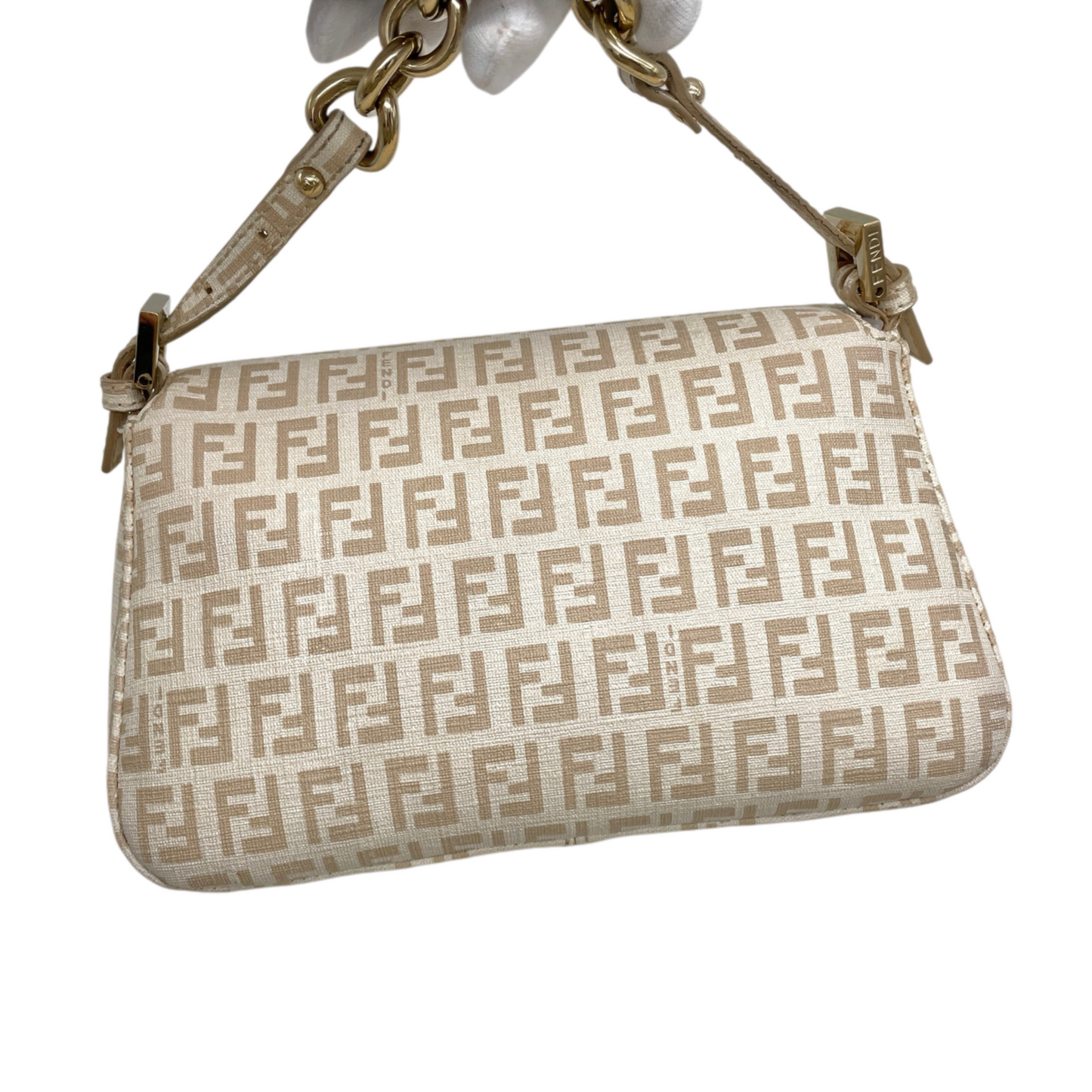 RARE☆☆☆☆FENDI Zucchino PVC Mini Mamma Baguette Chain Shoulder Bag Beige & Gold